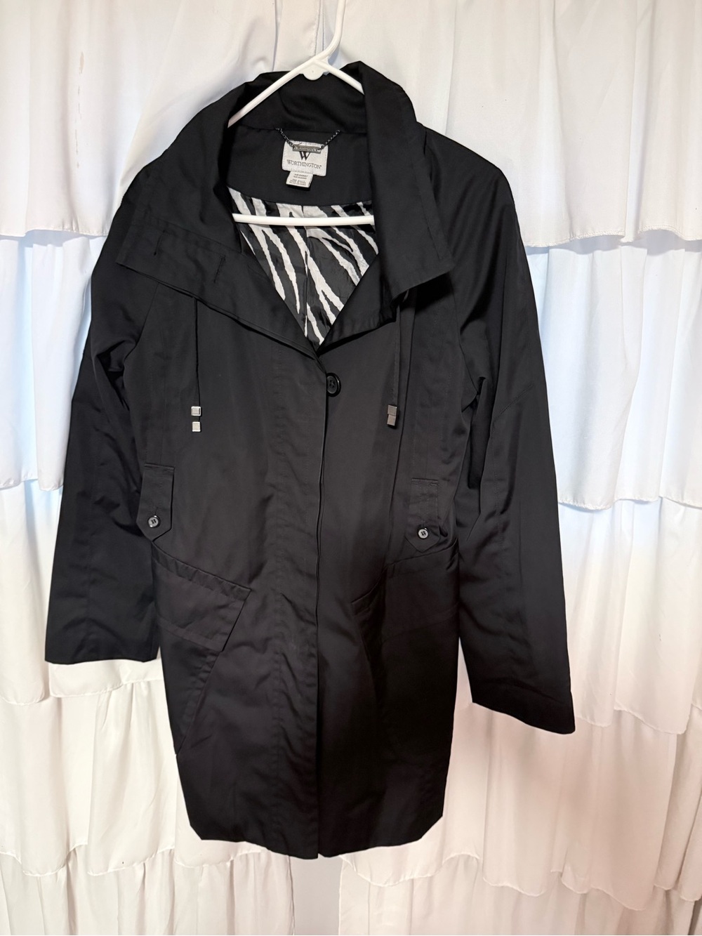 Worthington Black Trench Coat with Zebra-Print Lining, size medium, like new